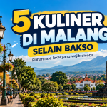 Ilustrasi Kota Malang dengan kawasan Kayutangan Heritage, Alun-Alun Tugu, dan latar pegunungan untuk artikel kuliner lokal.
