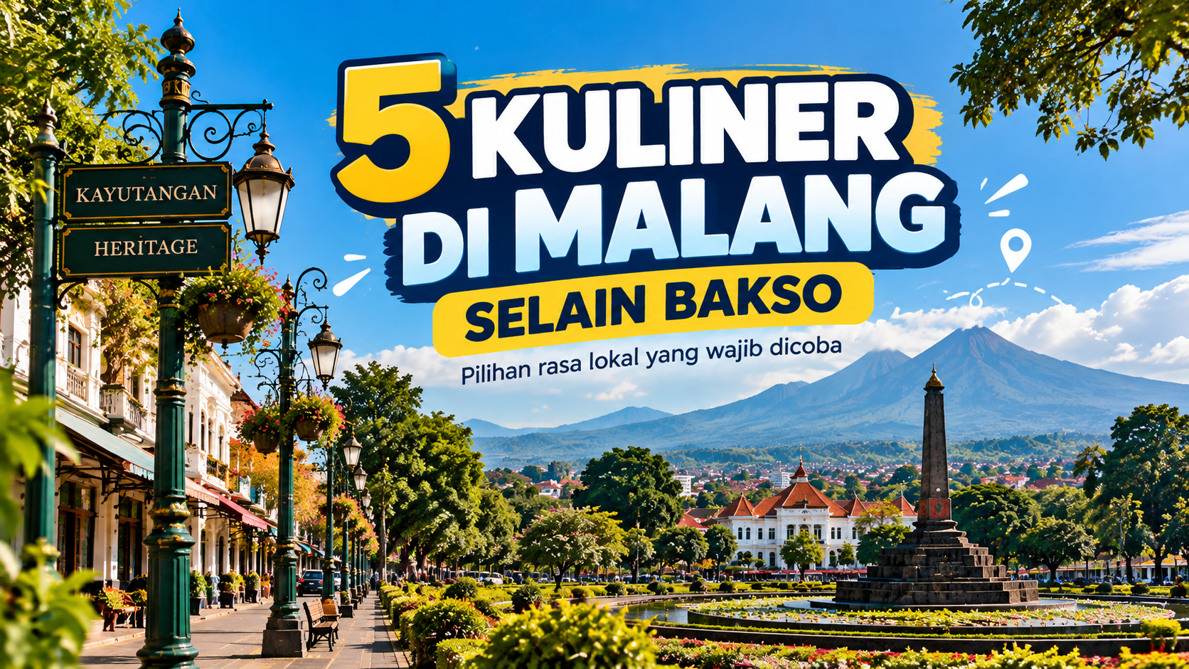 Ilustrasi Kota Malang dengan kawasan Kayutangan Heritage, Alun-Alun Tugu, dan latar pegunungan untuk artikel kuliner lokal.