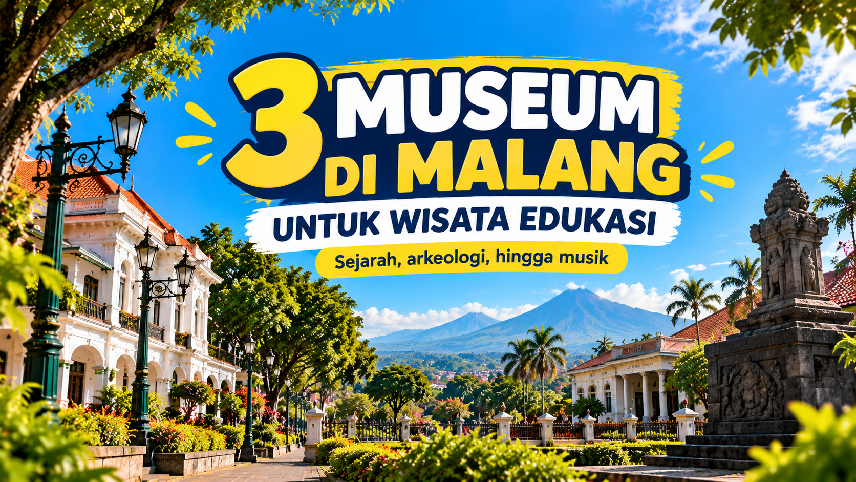 Ilustrasi wisata edukasi di Kota Malang dengan bangunan heritage, monumen, dan suasana kota.